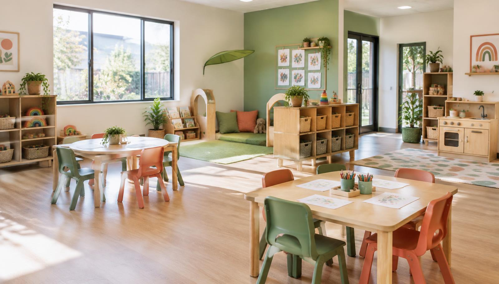 A bright early learning classroom with child-sized tables and learning materials